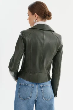 New LAMARQUE KELSEY | Biker Leather Jacket Champagne Hardware Dark Olive