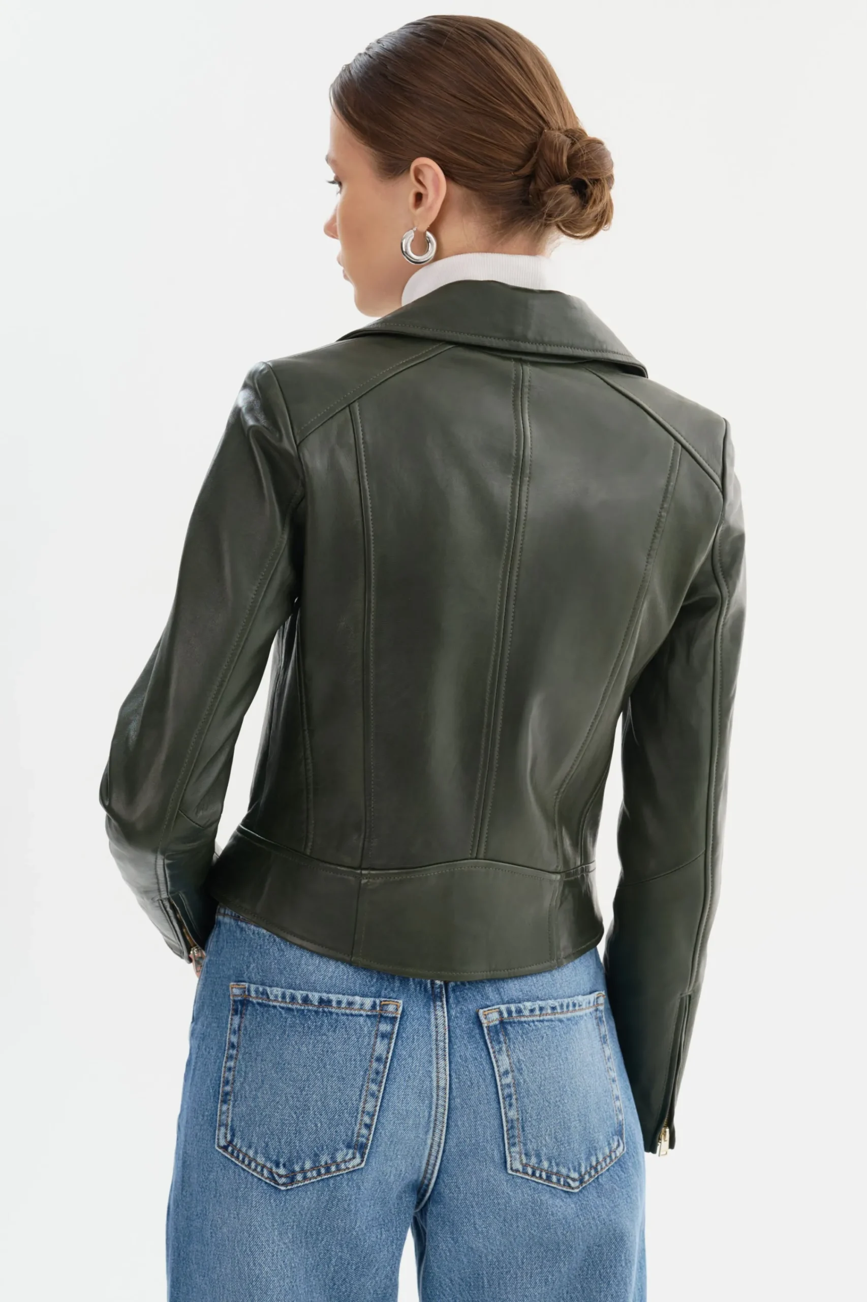 New LAMARQUE KELSEY | Biker Leather Jacket Champagne Hardware Dark Olive
