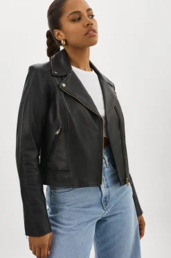 New LAMARQUE KELSEY GOLD | Leather Biker Jacket Black