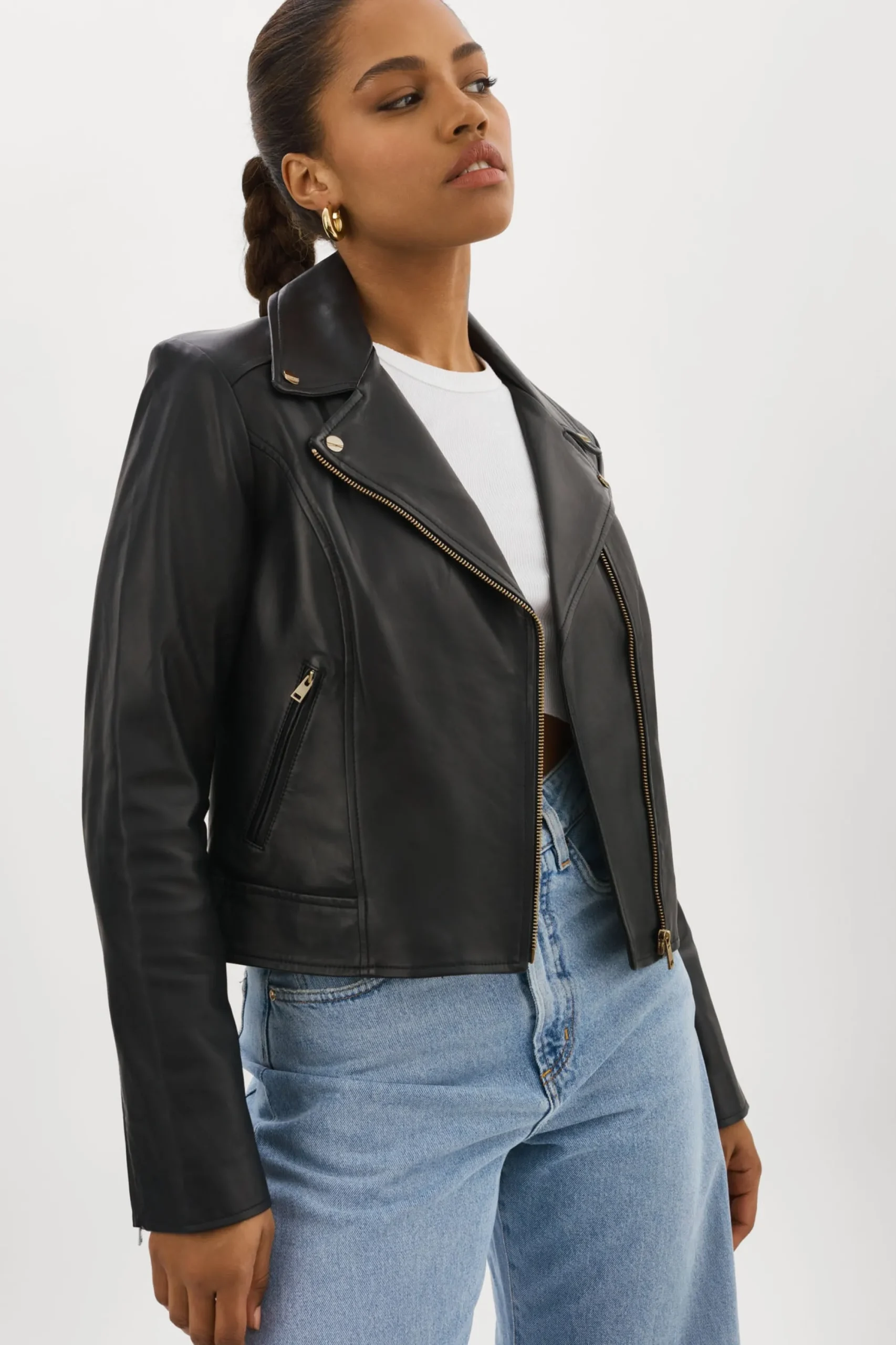 New LAMARQUE KELSEY GOLD | Leather Biker Jacket Black