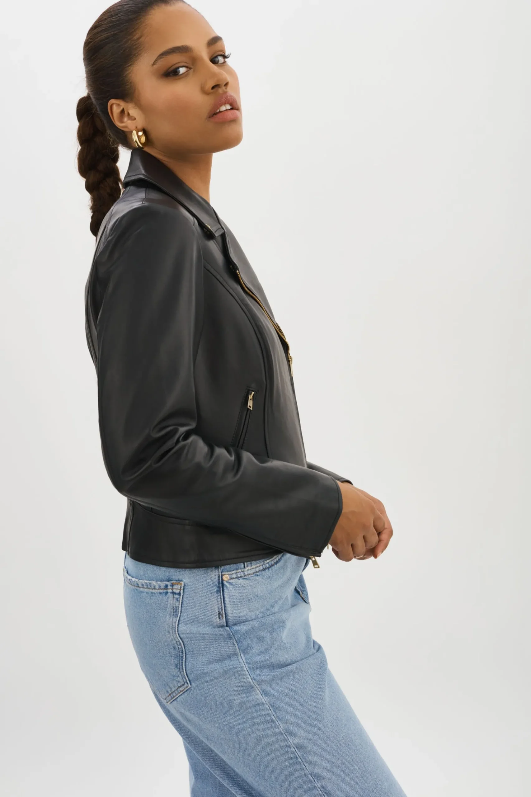 New LAMARQUE KELSEY GOLD | Leather Biker Jacket Black
