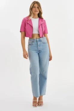 Clearance LAMARQUE KIRSI GOLD | Cropped Biker Jacket Super Pink