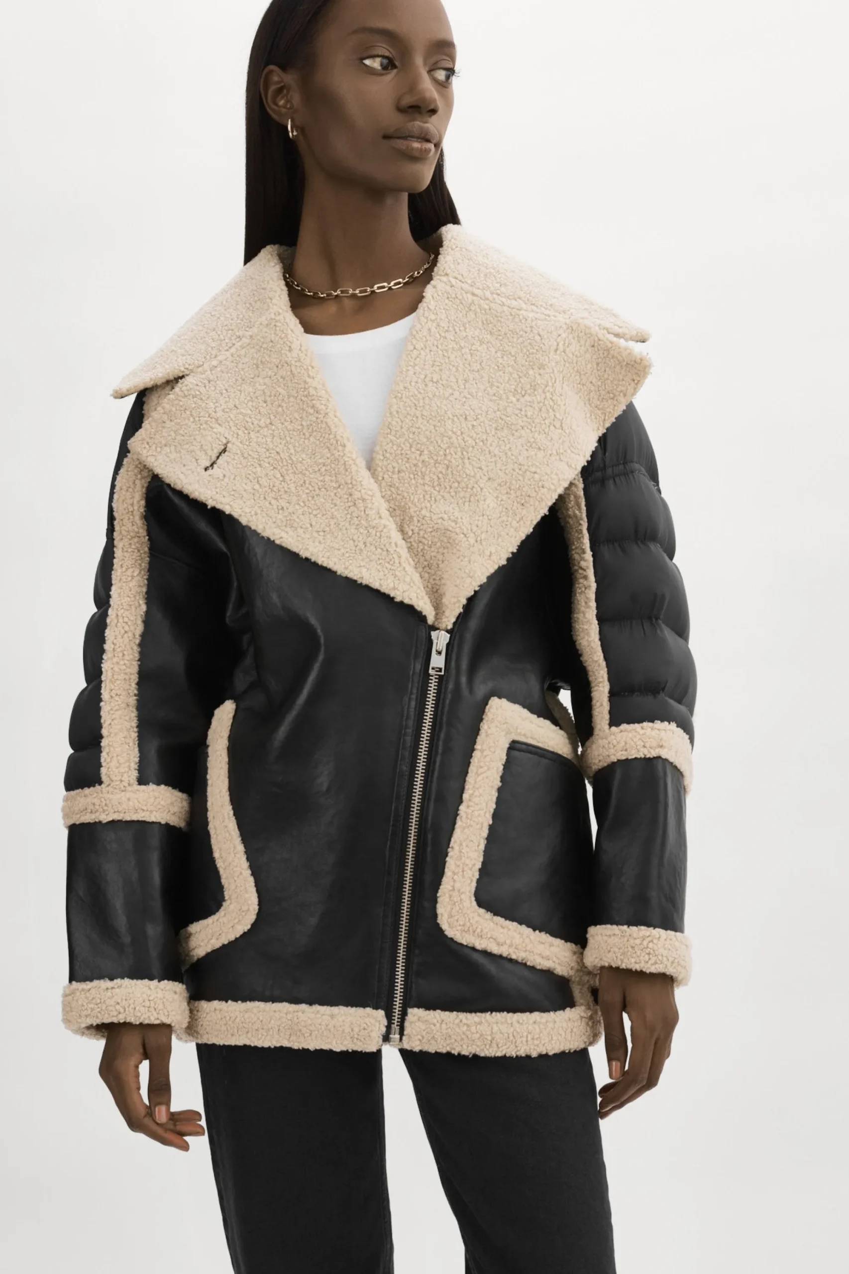 Store LAMARQUE LISA Oversized Mixed Media Cocoon Jacket Black/Ecru