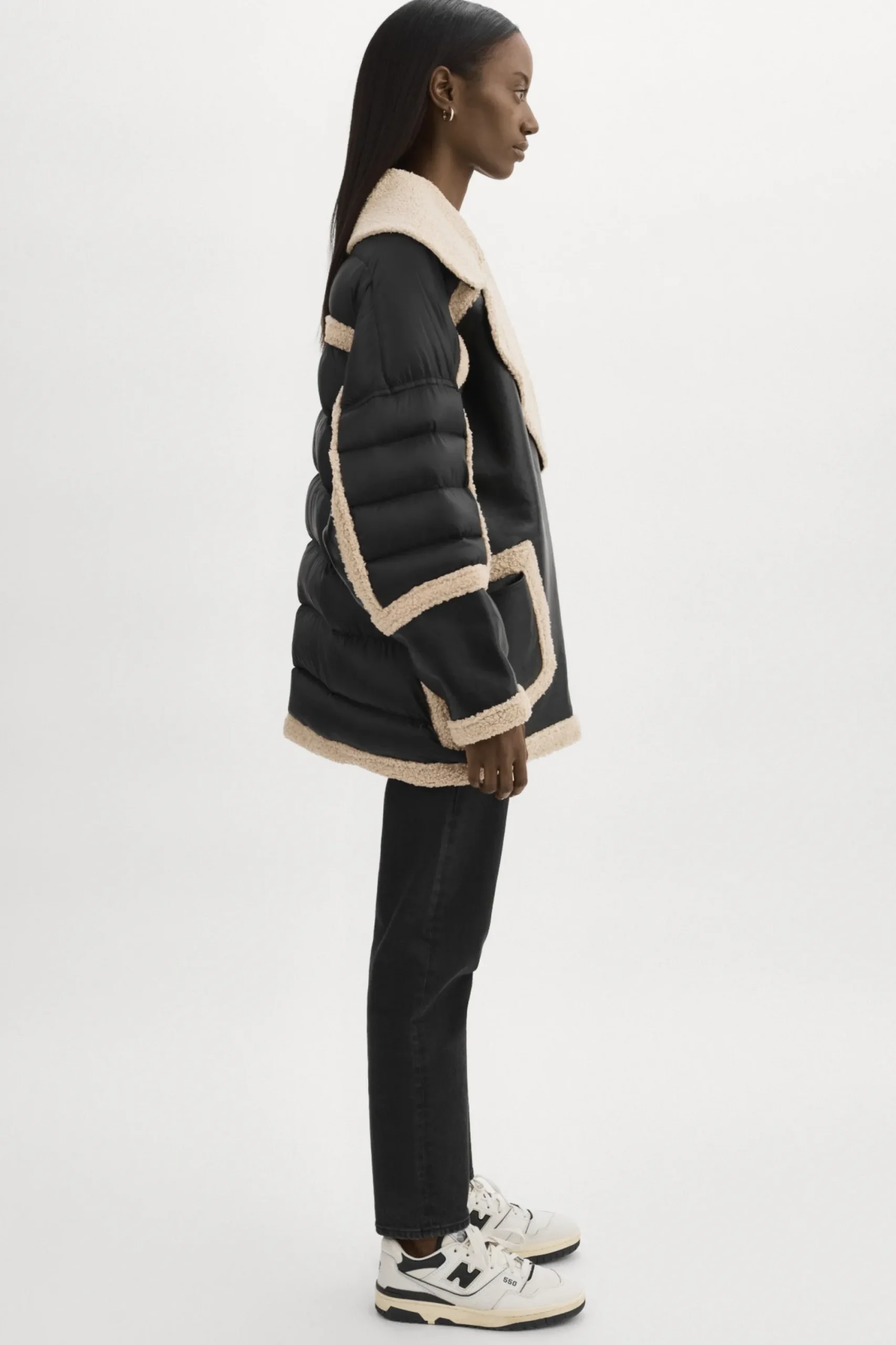 Store LAMARQUE LISA Oversized Mixed Media Cocoon Jacket Black/Ecru