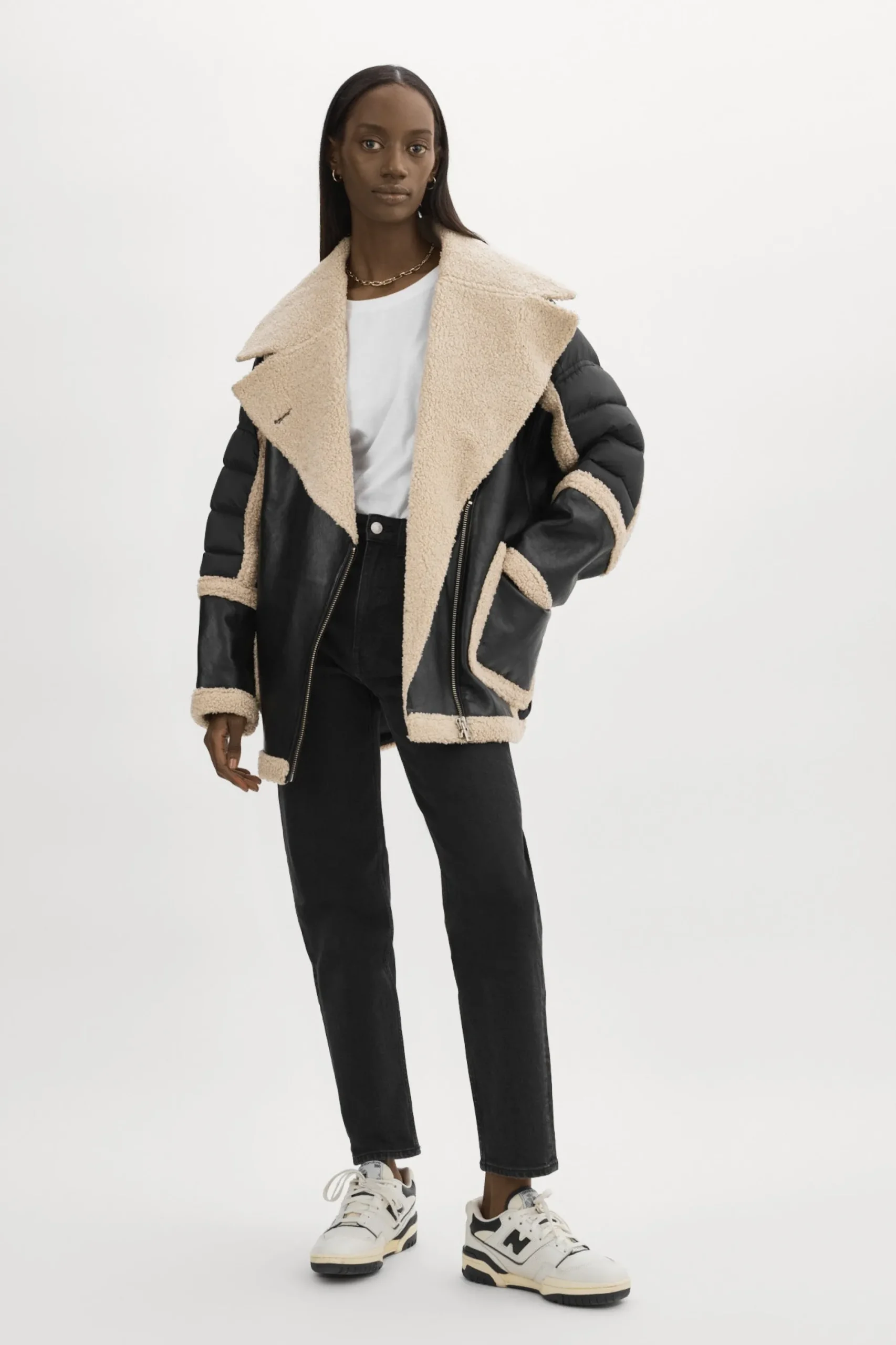 Store LAMARQUE LISA Oversized Mixed Media Cocoon Jacket Black/Ecru