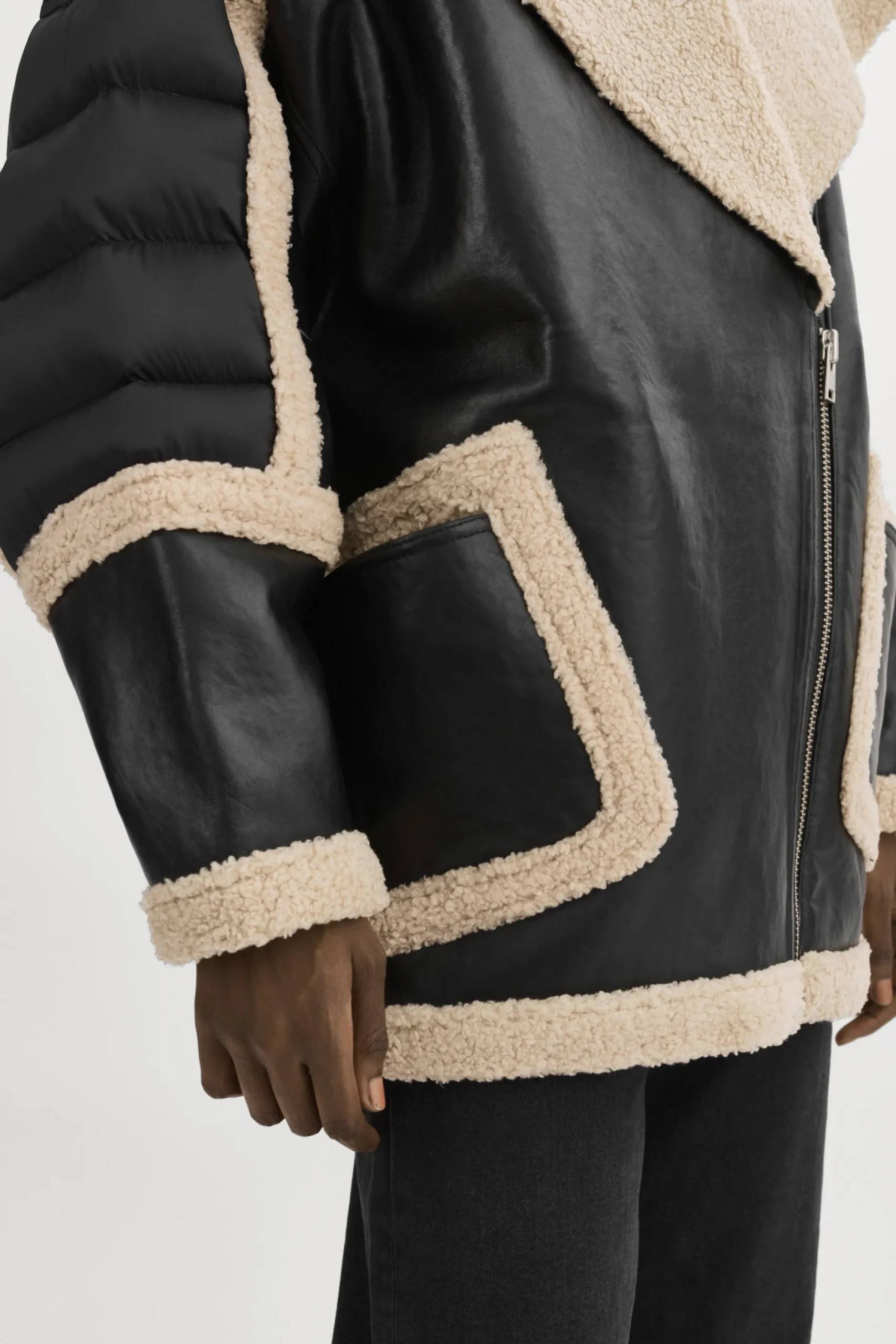 Store LAMARQUE LISA Oversized Mixed Media Cocoon Jacket Black/Ecru