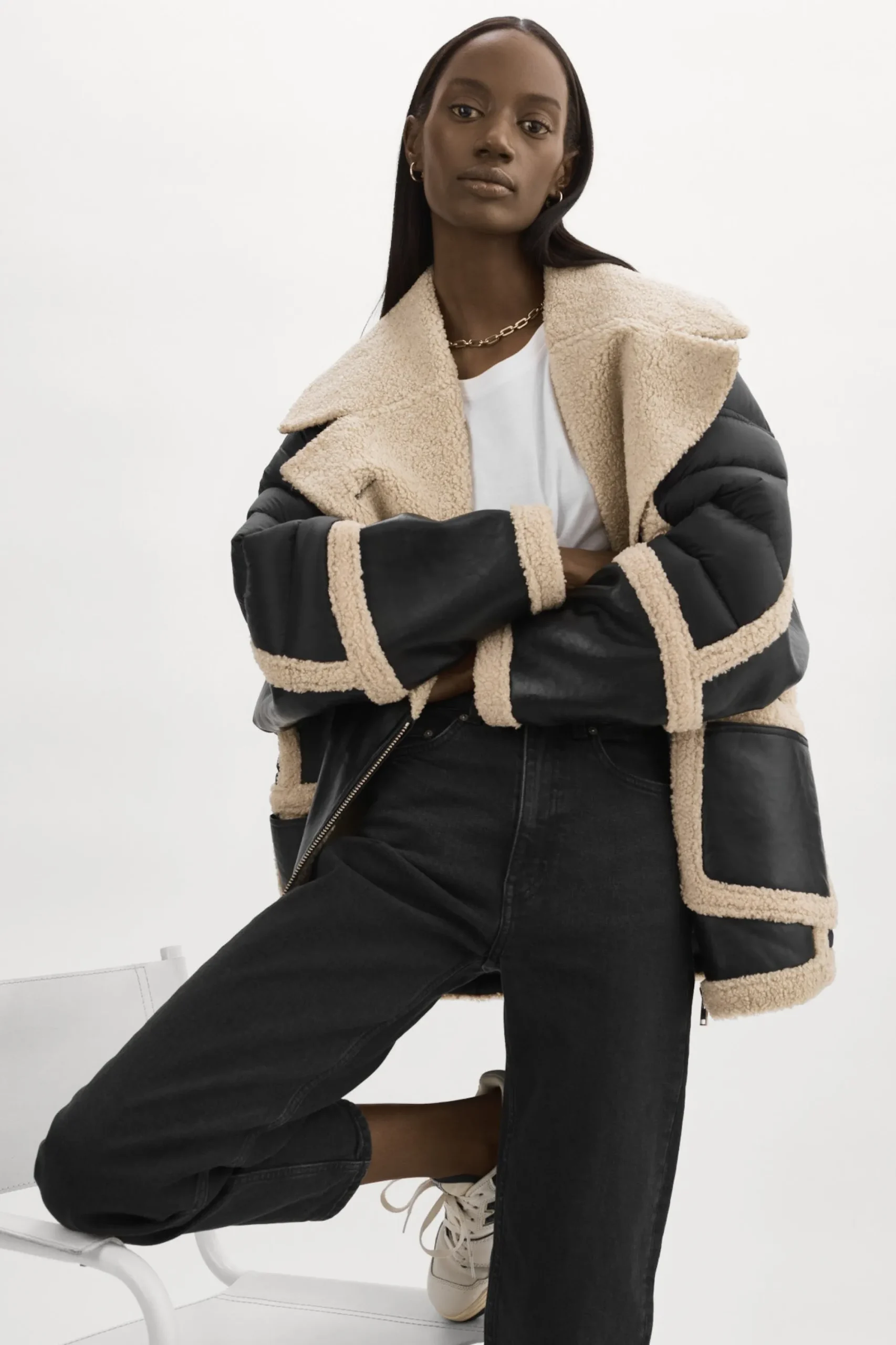 Store LAMARQUE LISA Oversized Mixed Media Cocoon Jacket Black/Ecru