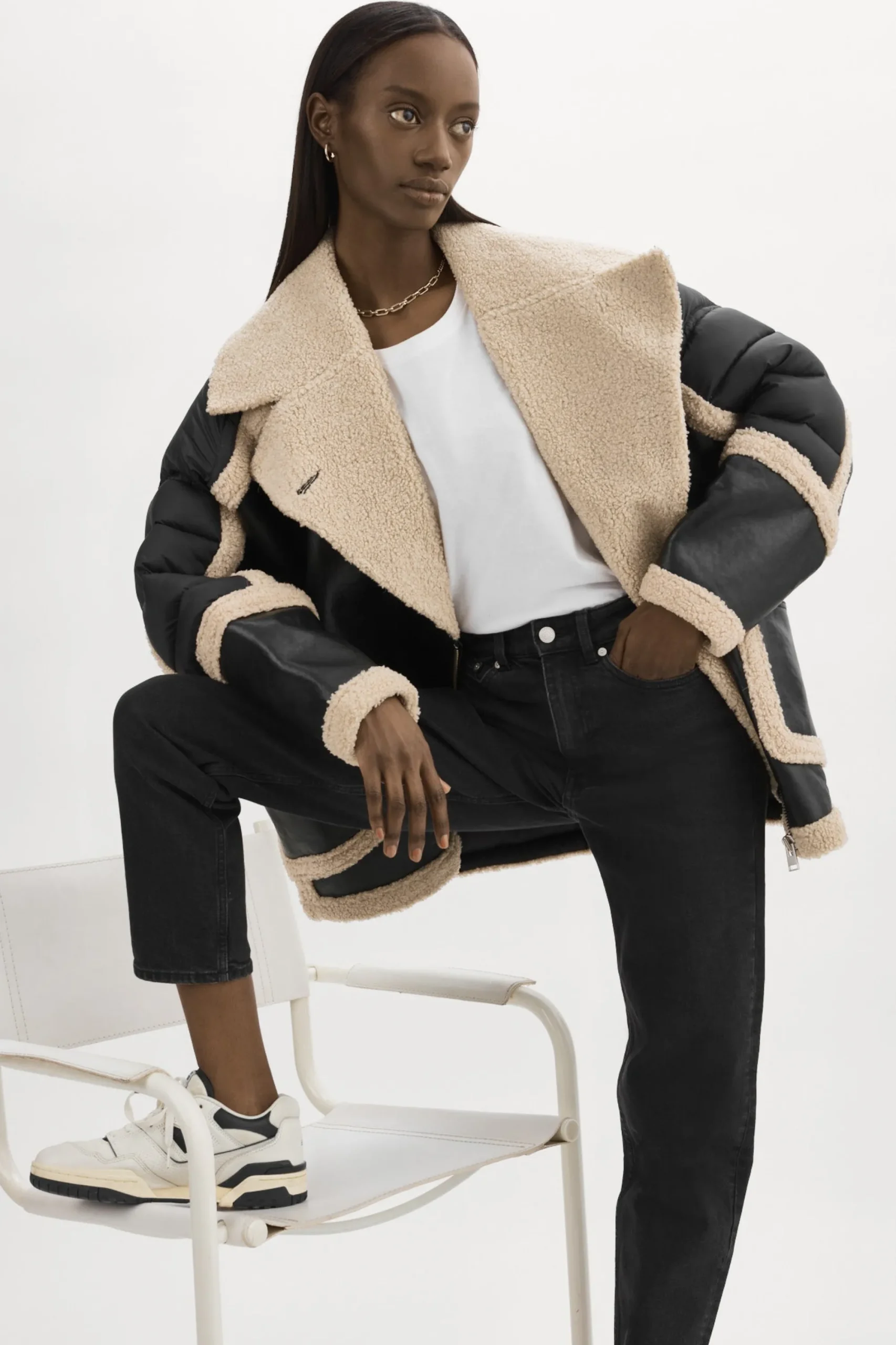 Store LAMARQUE LISA Oversized Mixed Media Cocoon Jacket Black/Ecru