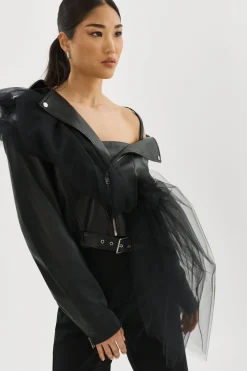 Online LAMARQUE OBELIA | Tulle & Leather Biker Jacket Black