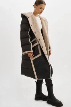Online LAMARQUE REXANA | Mixed Media Puffer Coat Black/Ecru