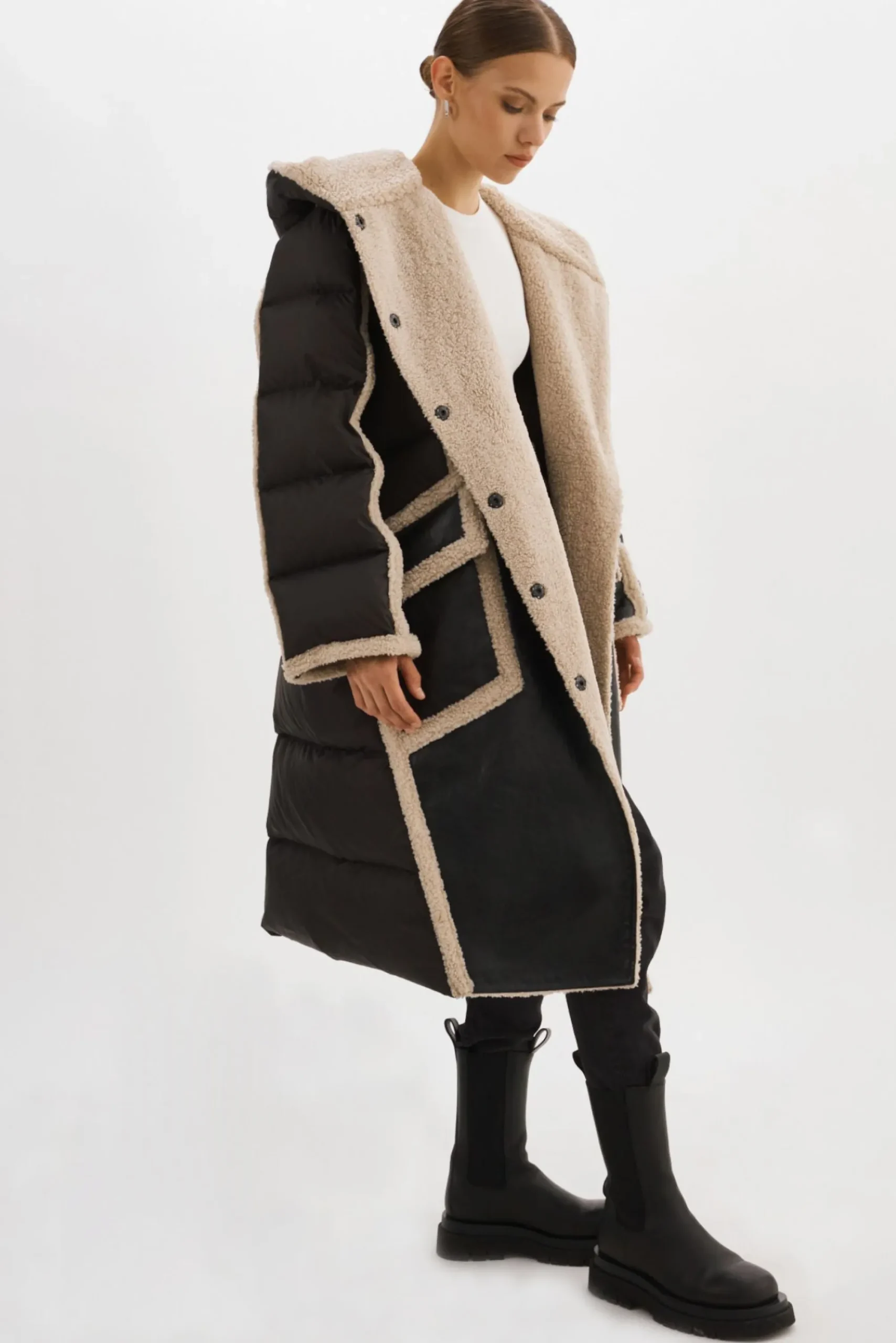 Online LAMARQUE REXANA | Mixed Media Puffer Coat Black/Ecru
