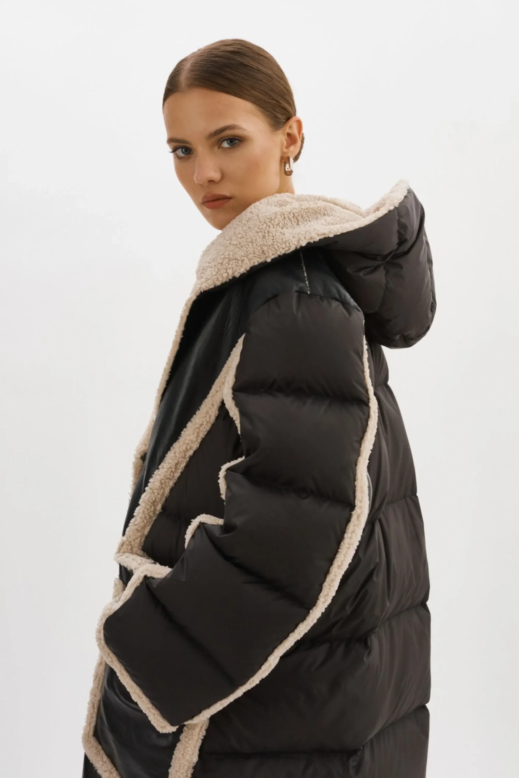 Online LAMARQUE REXANA | Mixed Media Puffer Coat Black/Ecru