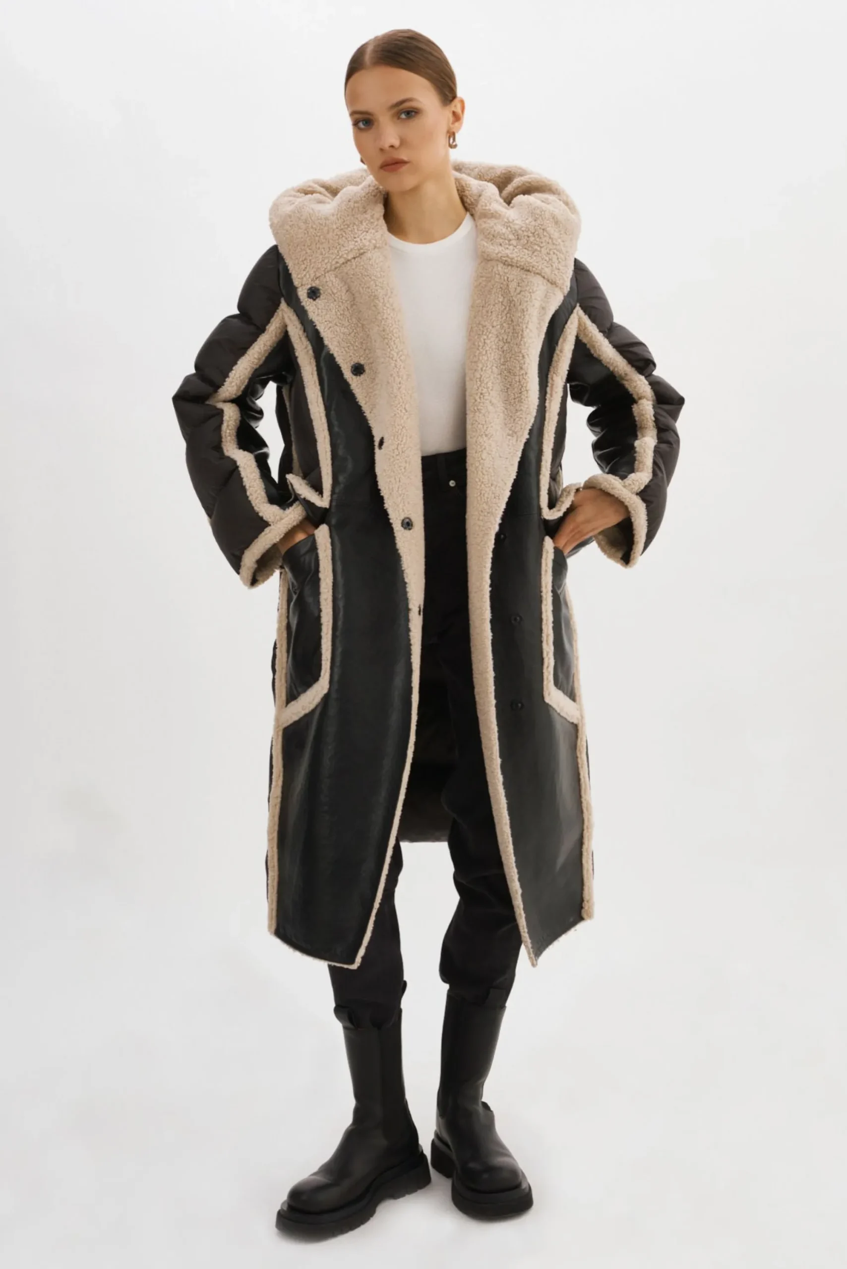 Online LAMARQUE REXANA | Mixed Media Puffer Coat Black/Ecru
