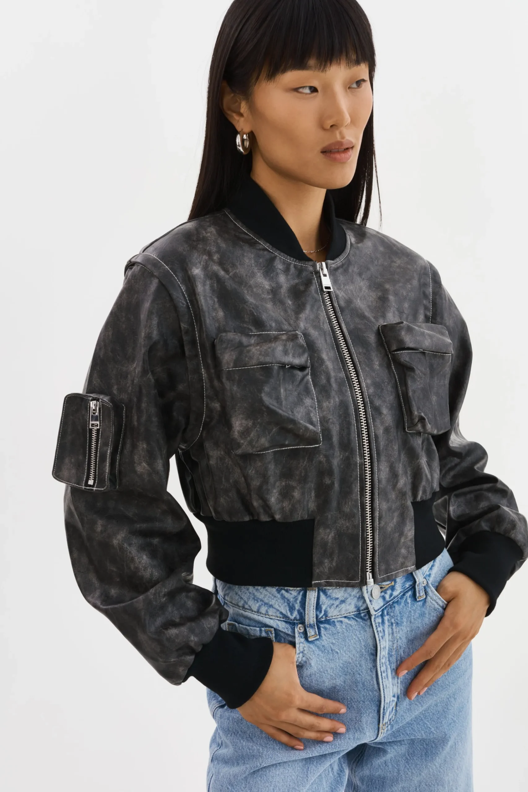 Sale LAMARQUE XAIA | Faux Leather Convertible Bomber Jacket Vintage Black