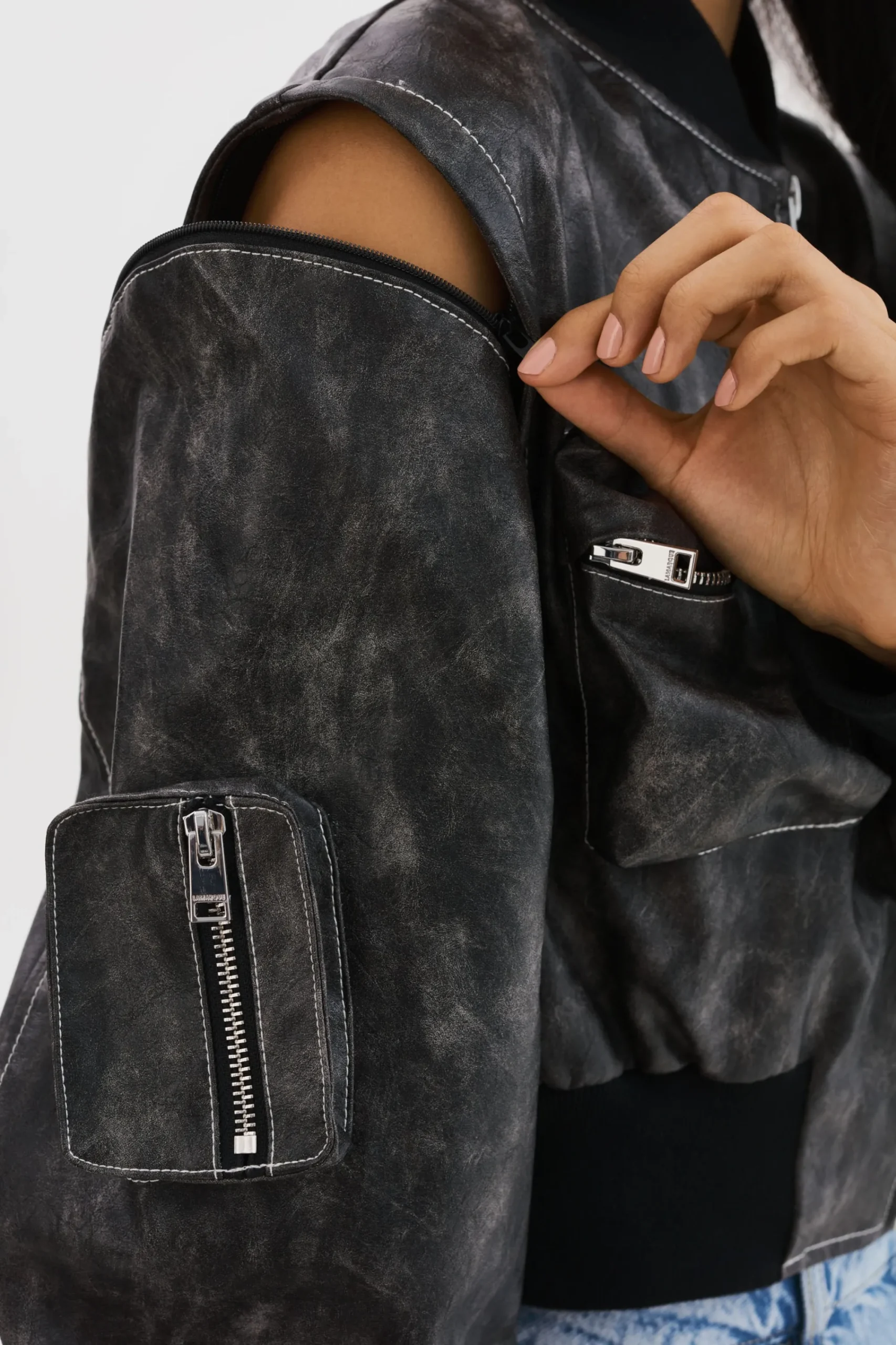 Sale LAMARQUE XAIA | Faux Leather Convertible Bomber Jacket Vintage Black